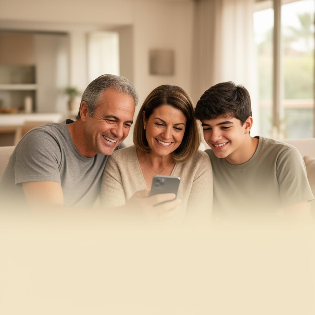 Pais e filho adolescente olhando juntos para o celular